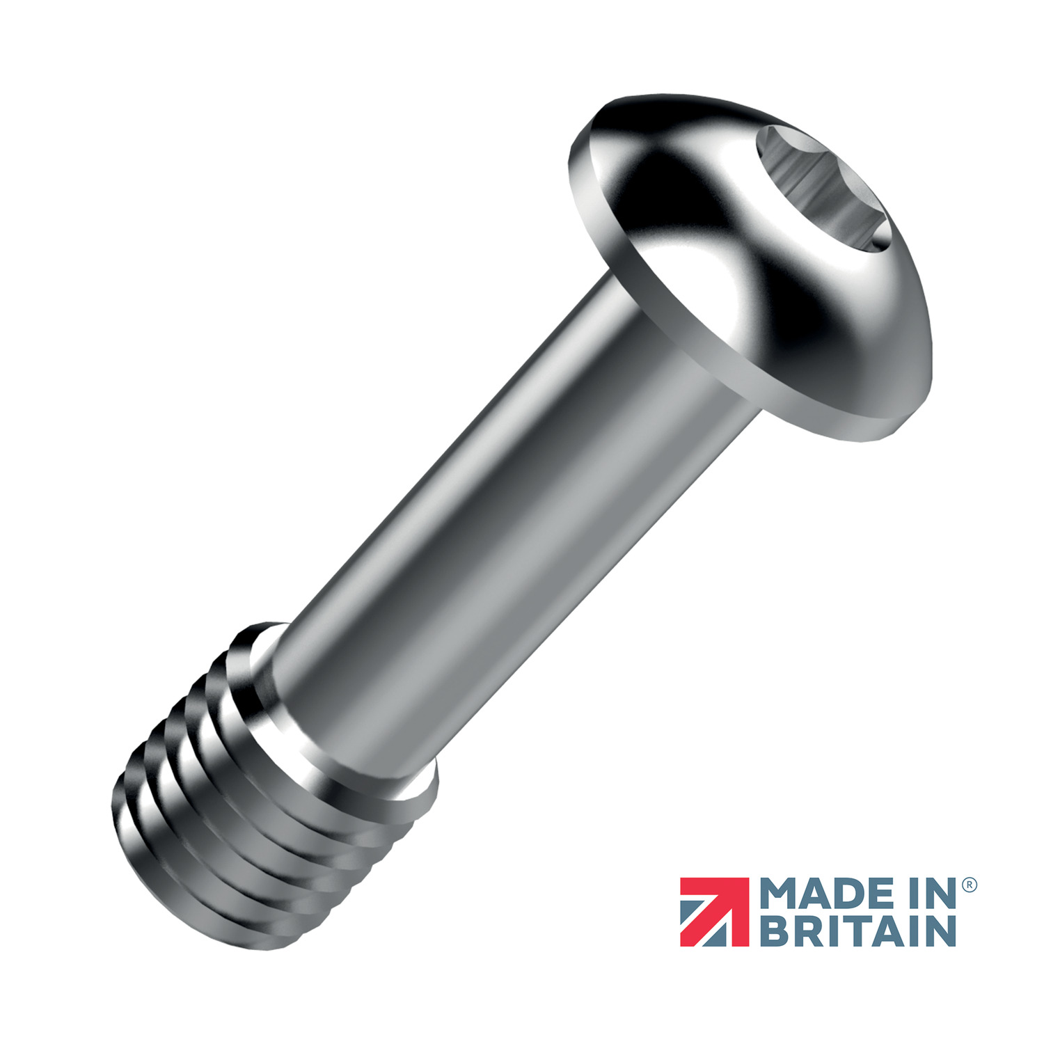silver coloured button head screw with threaded root and torx drive
